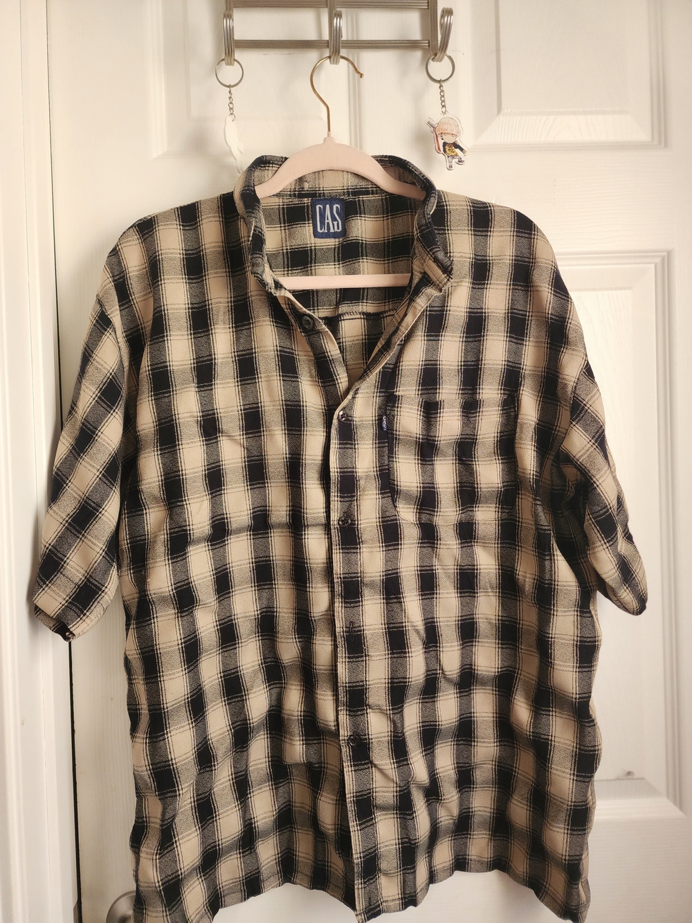 CAS Men's Black and Cream Plaid Short-Sleeve Button-Down Shirt